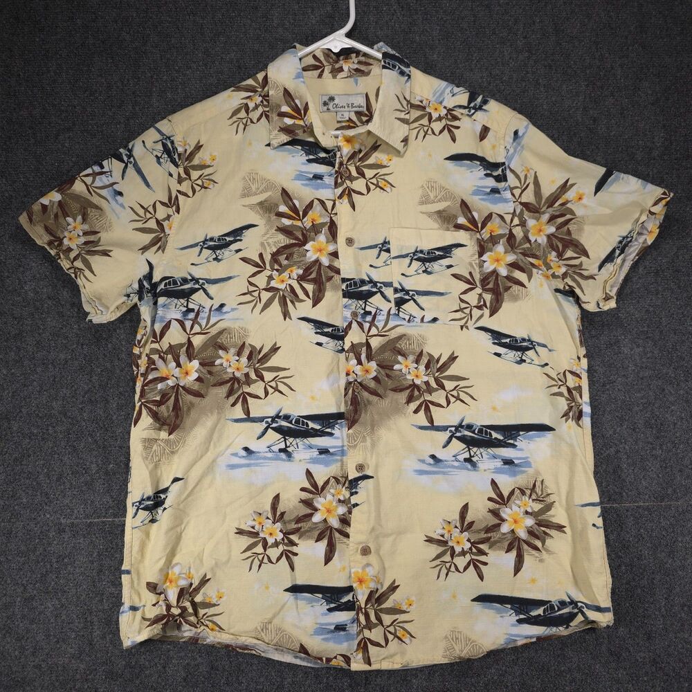 Oliver & Burke Mens XL Hawaiian Shirt Seaplane Plumeria Floral Aloha Camp Top